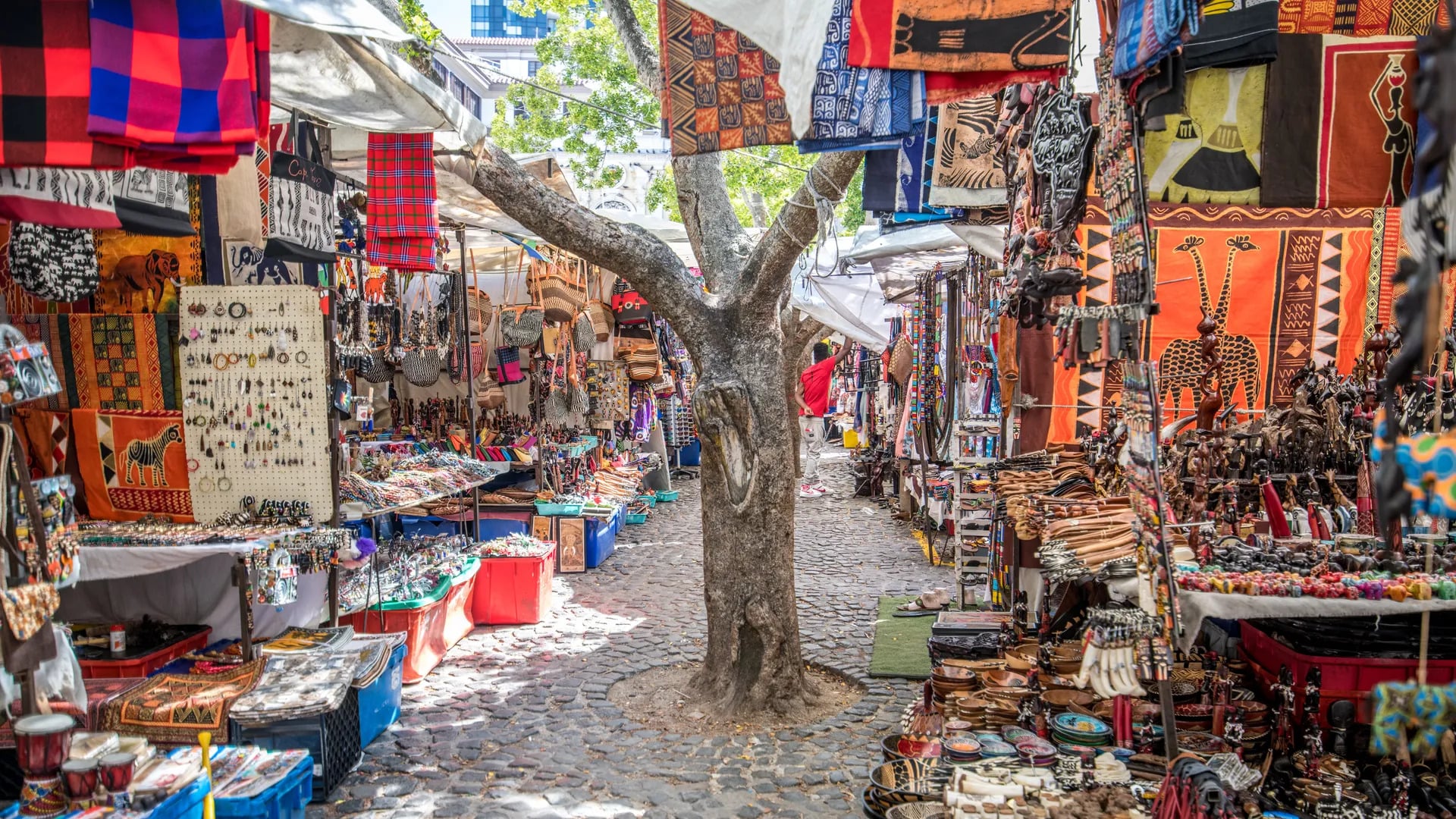 Stalls of handmade beadwork and wooden crafts at Greenmarket Square